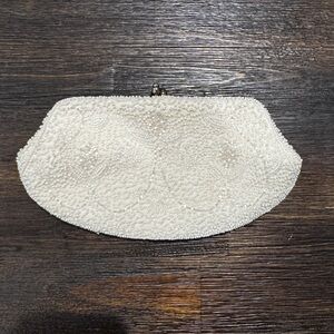 Vintage Hand-Beaded Ivory Clutch Purse – Evening Wedding Bag with Pearl Beads